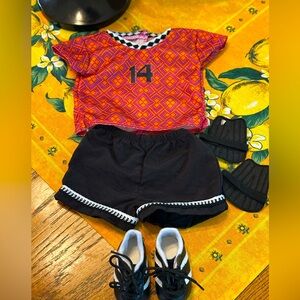 American Girl Soccer Outfit Orange/Black #14 Top Shorts Cleats Shin Guards Bag